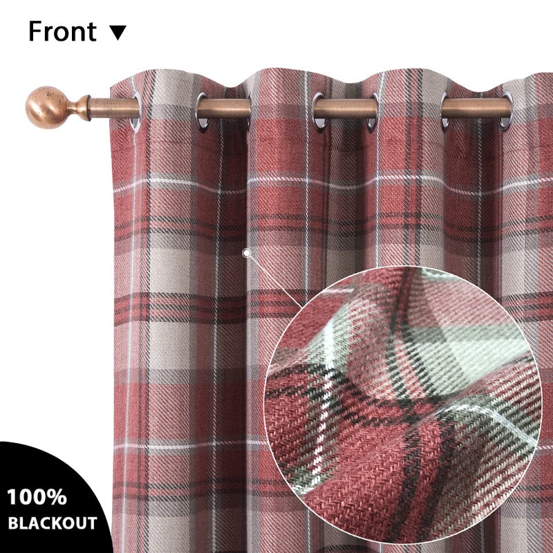 always4u Plaid Curtains 100% Blackout Thermal Energy Saving Drapes for Bedroom Woolen Look Farmhouse Living Room Curtains 2 Panels 54 * 84 Burgundy Red - Image 3
